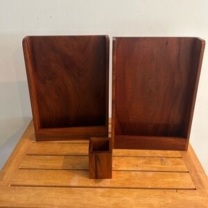 Two office in trays and a koa wood paper clip holder,
